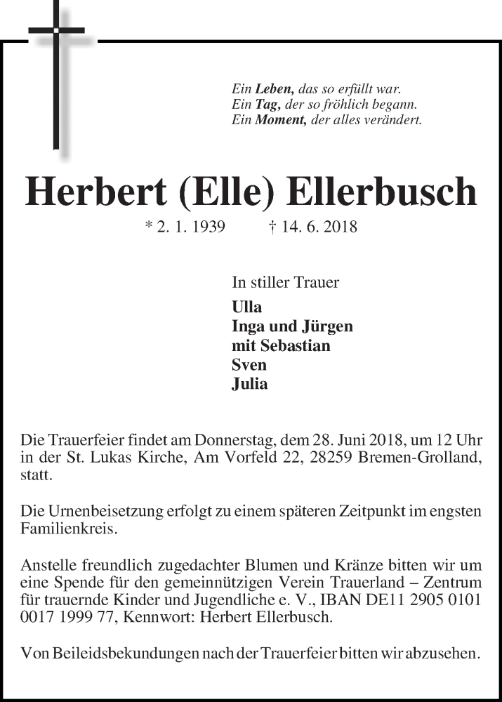 Traueranzeige von Herbert Ellerbusch von WESER-KURIER
