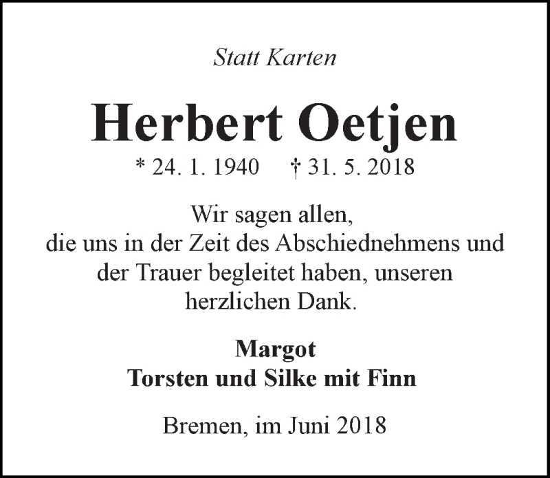 Traueranzeige von Herbert Oetjen von WESER-KURIER
