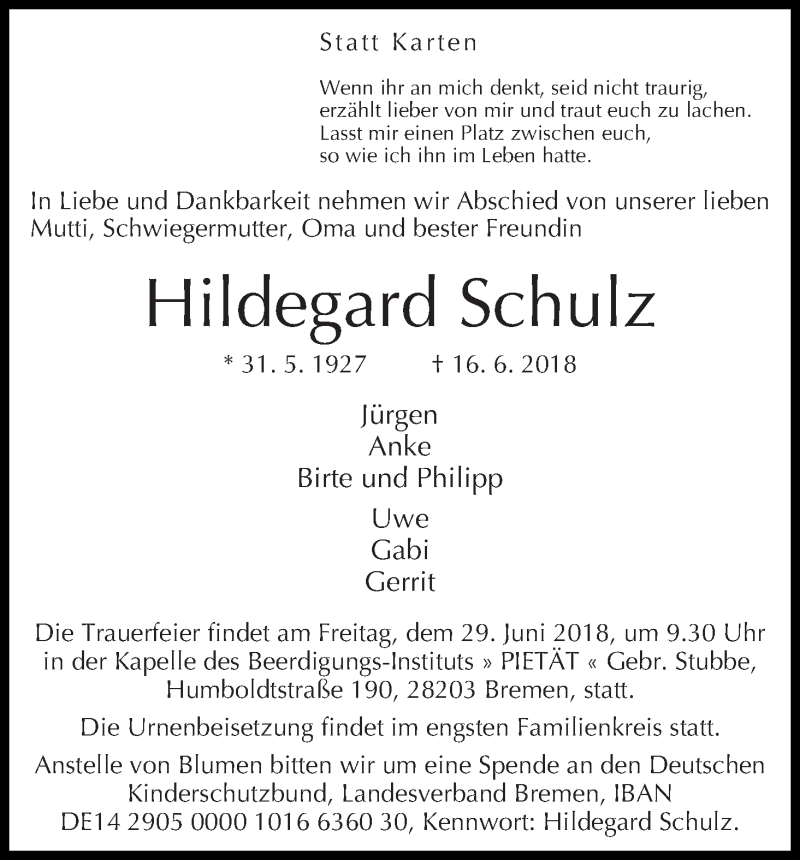 Traueranzeige von Hildegard Schulz von WESER-KURIER