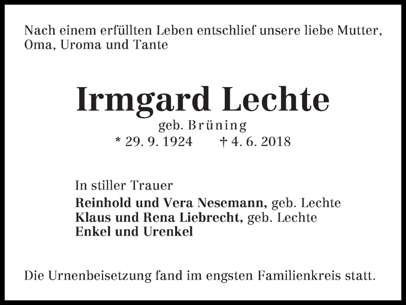 Traueranzeige von Irmgard Lechte von WESER-KURIER
