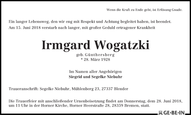 Traueranzeige von Irmgard Wogatzki von WESER-KURIER