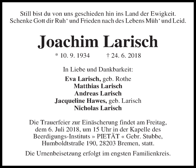 Traueranzeige von Joachim Larisch von WESER-KURIER