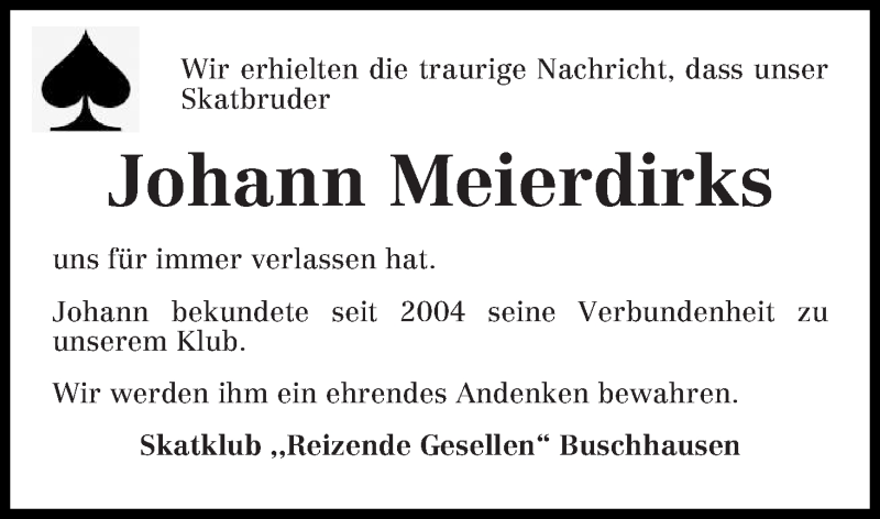 Traueranzeige von Johann Meierdirks von Osterholzer Kreisblatt