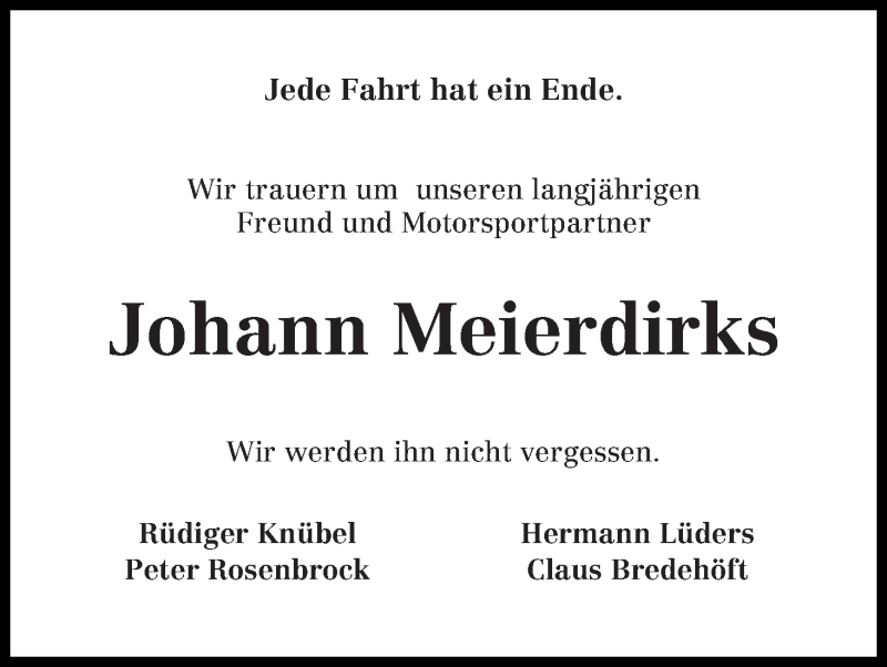 Traueranzeige von Johann Meierdirks von Osterholzer Kreisblatt