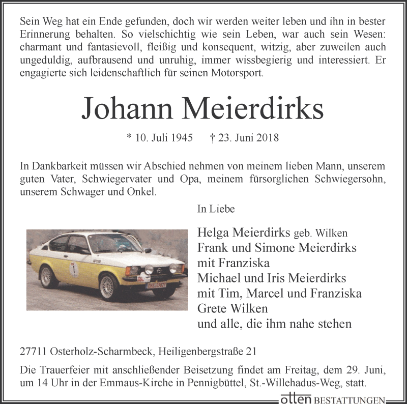 Traueranzeige von Johann Meierdirks von WESER-KURIER