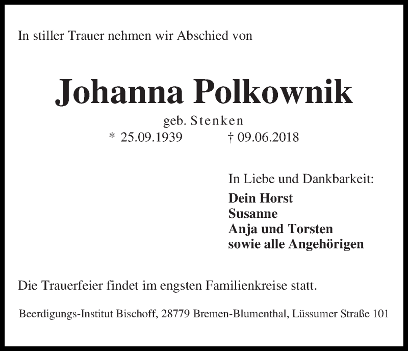Traueranzeige von Johanna Polkownik von Die Norddeutsche