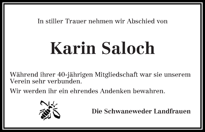 Traueranzeige von Karin Saloch von Die Norddeutsche