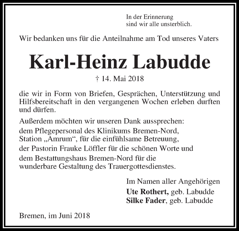 Traueranzeige von Karl-Heinz Labudde von Die Norddeutsche