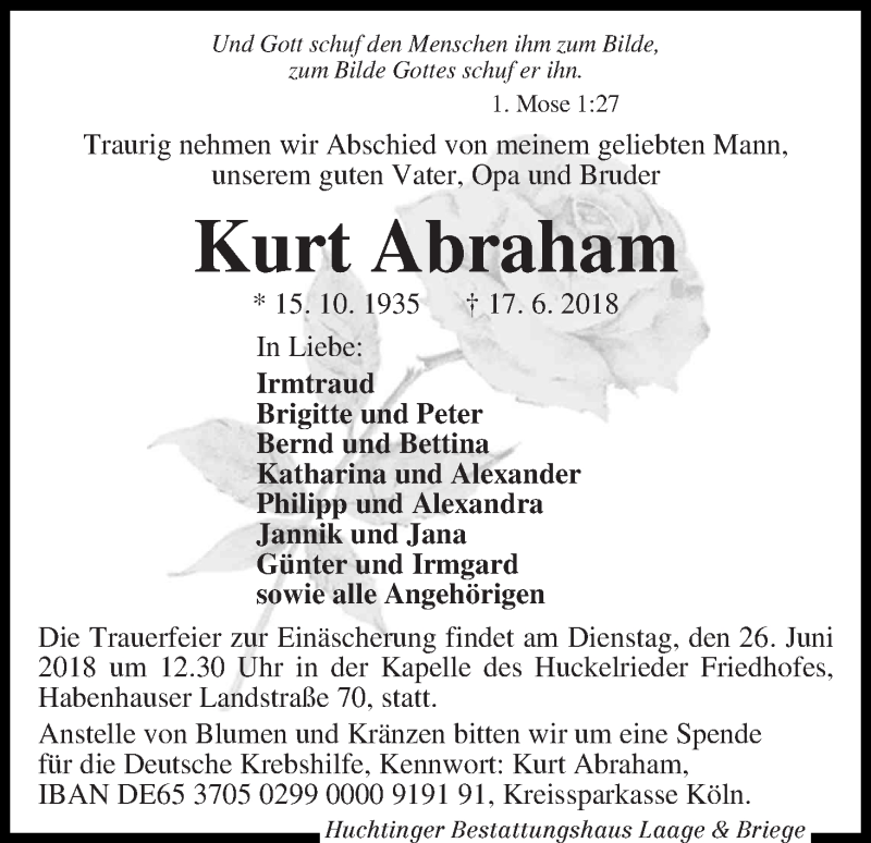 Traueranzeige von Kurt Abraham von WESER-KURIER