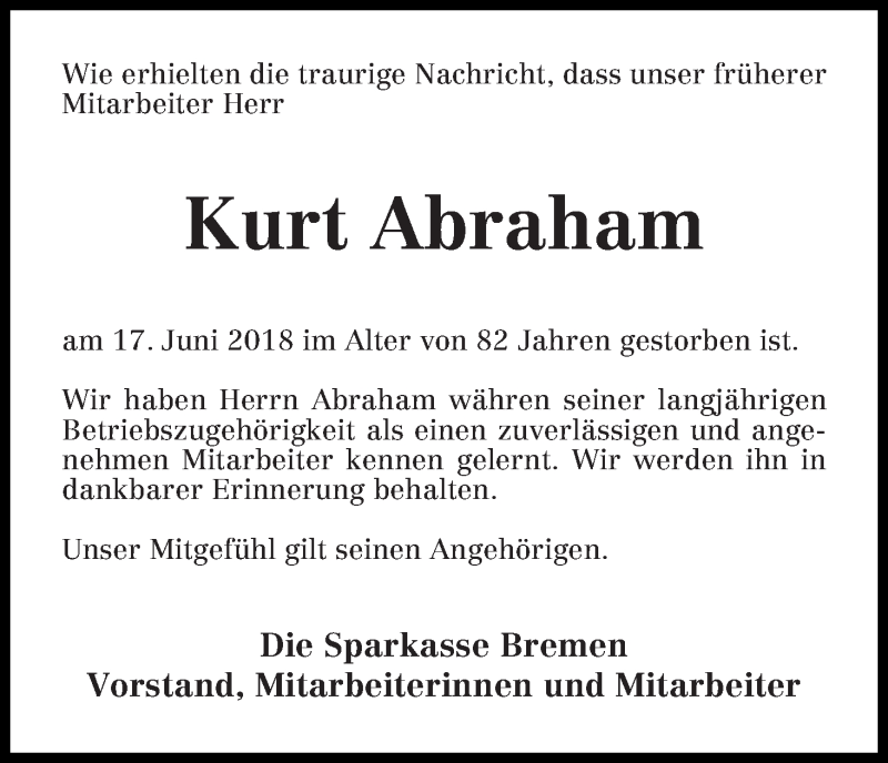 Traueranzeige von Kurt Abraham von WESER-KURIER