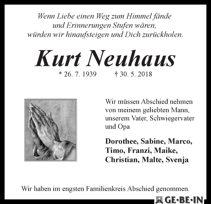 Traueranzeige von Kurt Neuhaus von WESER-KURIER