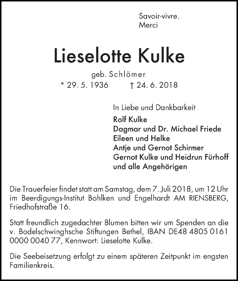 Traueranzeige von Lieselotte Kulke von WESER-KURIER