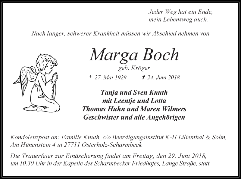 Traueranzeige von Marga Boch von Osterholzer Kreisblatt