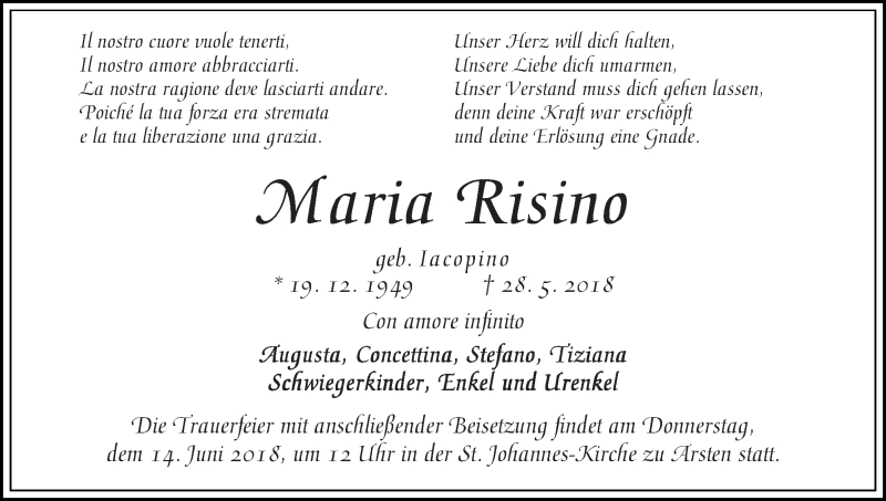 Traueranzeige von Maria Risino von WESER-KURIER