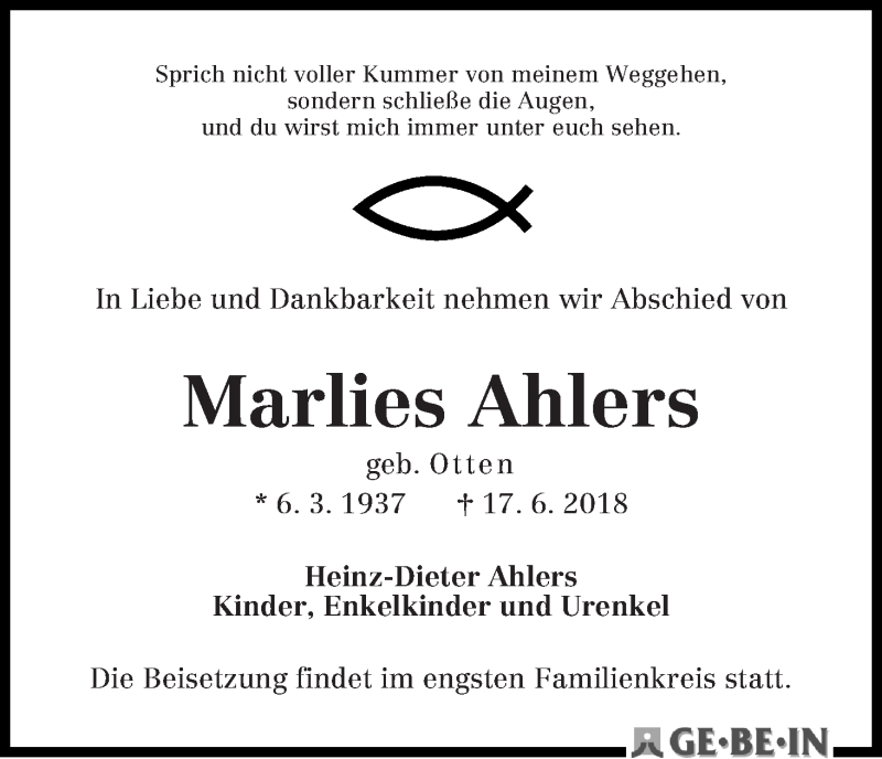 Traueranzeige von Marlies Ahlers von WESER-KURIER