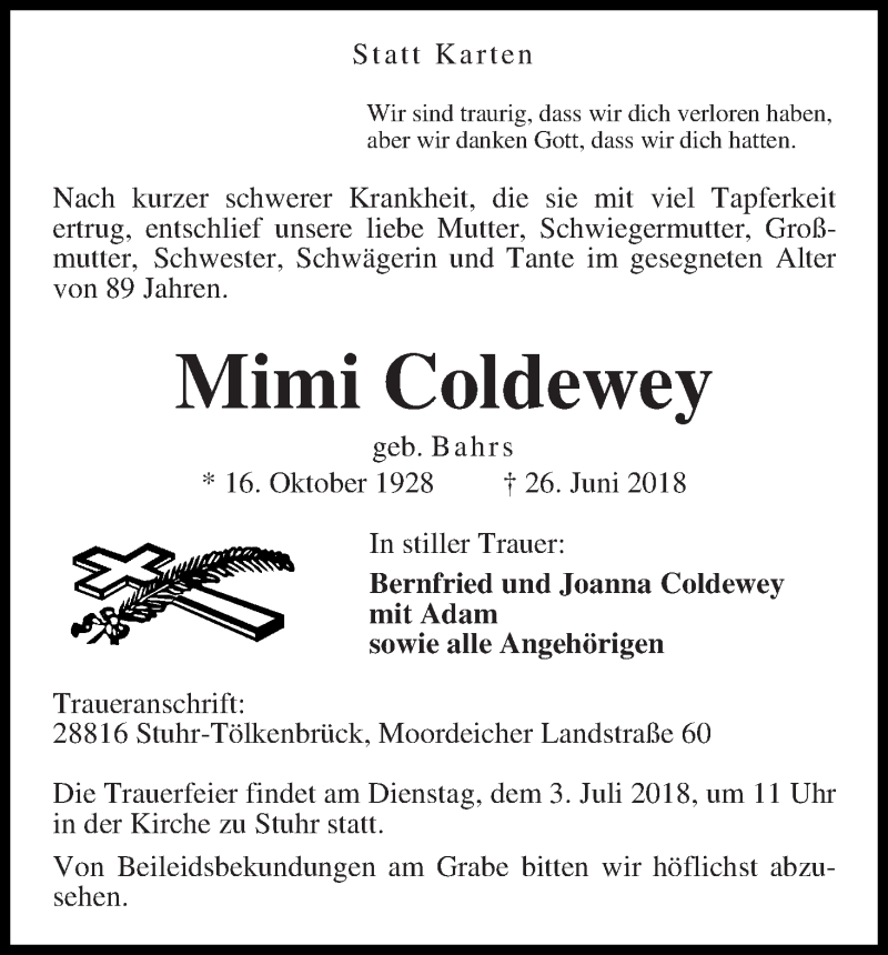 Traueranzeige von Mimi Coldewey von WESER-KURIER