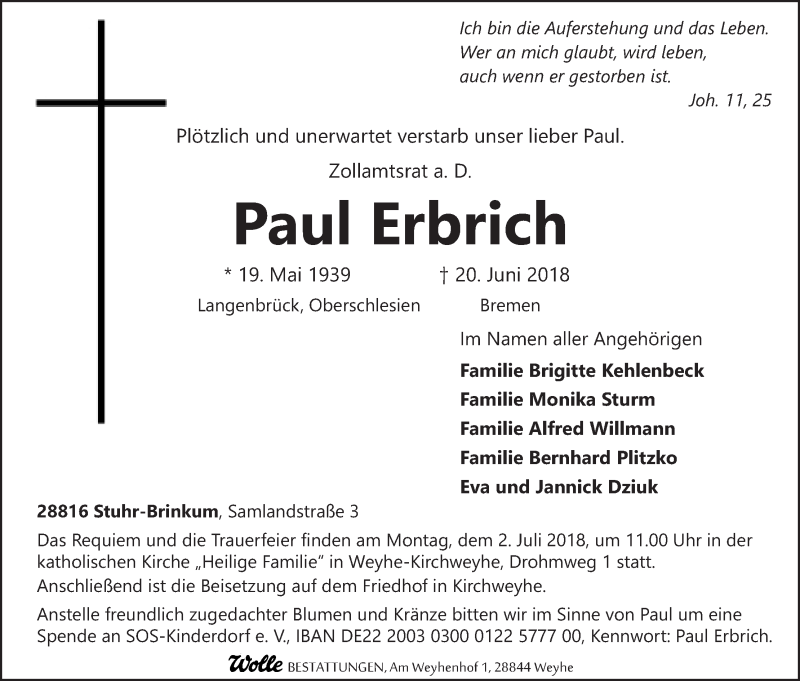 Traueranzeige von Paul Erbrich von WESER-KURIER