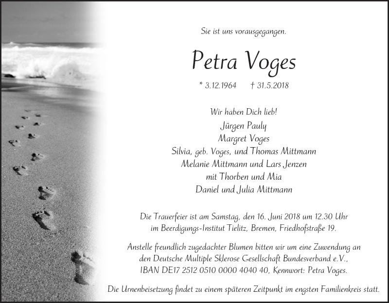 Traueranzeige von Petra Voges von WESER-KURIER