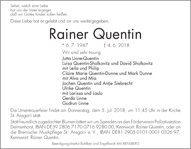 Traueranzeige von Rainer Quentin von WESER-KURIER