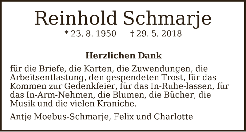 Traueranzeige von Reinhold Schmarje von WESER-KURIER