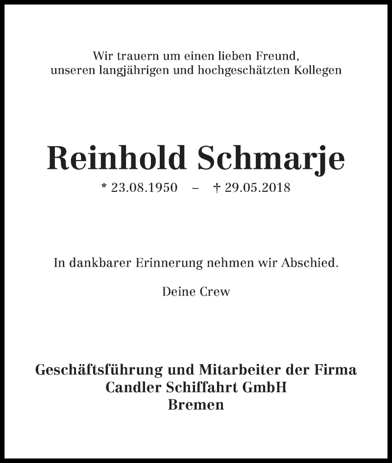 Traueranzeige von Reinhold Schmarje von WESER-KURIER