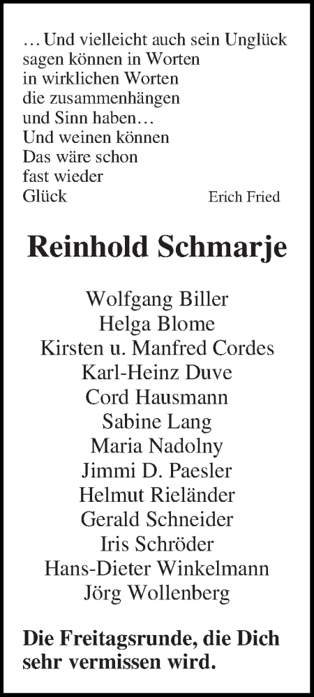 Traueranzeige von Reinhold Schmarje von WESER-KURIER
