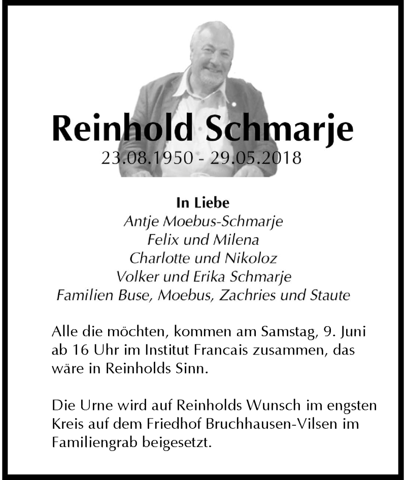 Traueranzeige von Reinhold Schmarje von WESER-KURIER