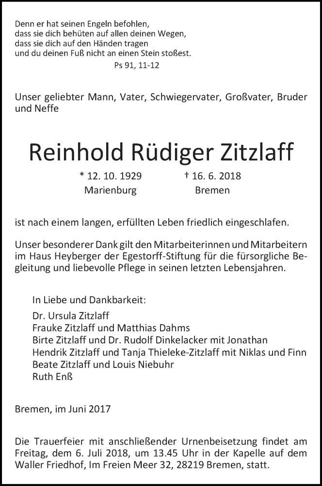 Traueranzeige von Reinhold Rüdiger Zitzlaff von WESER-KURIER