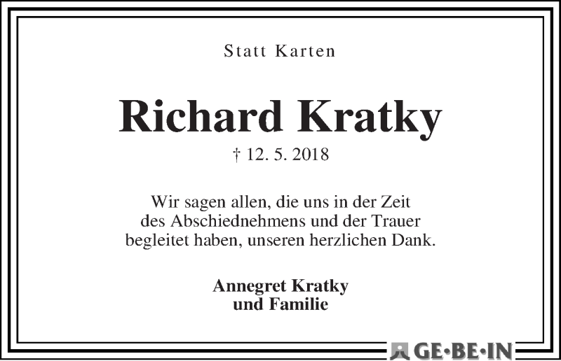 Traueranzeige von Richard Kratky von WESER-KURIER