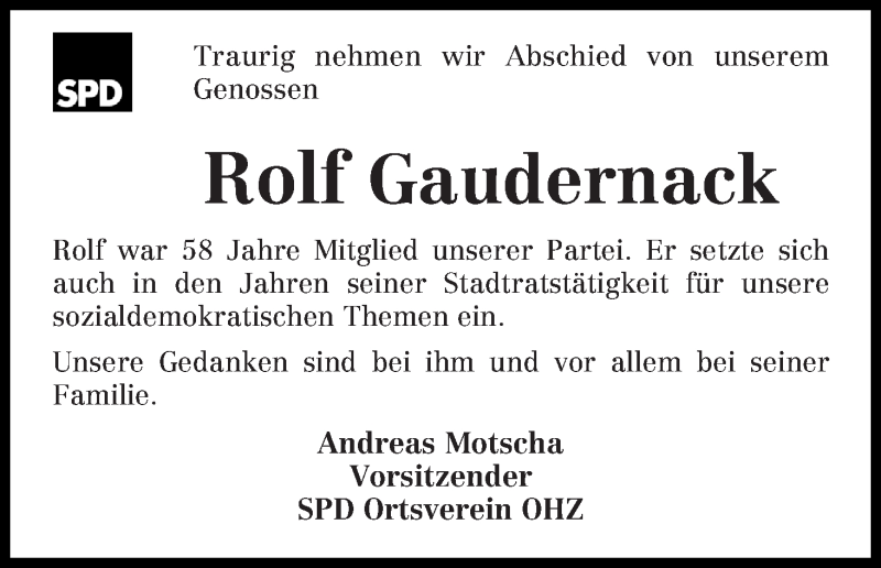 Traueranzeige von Rolf Gaudernack von Osterholzer Kreisblatt