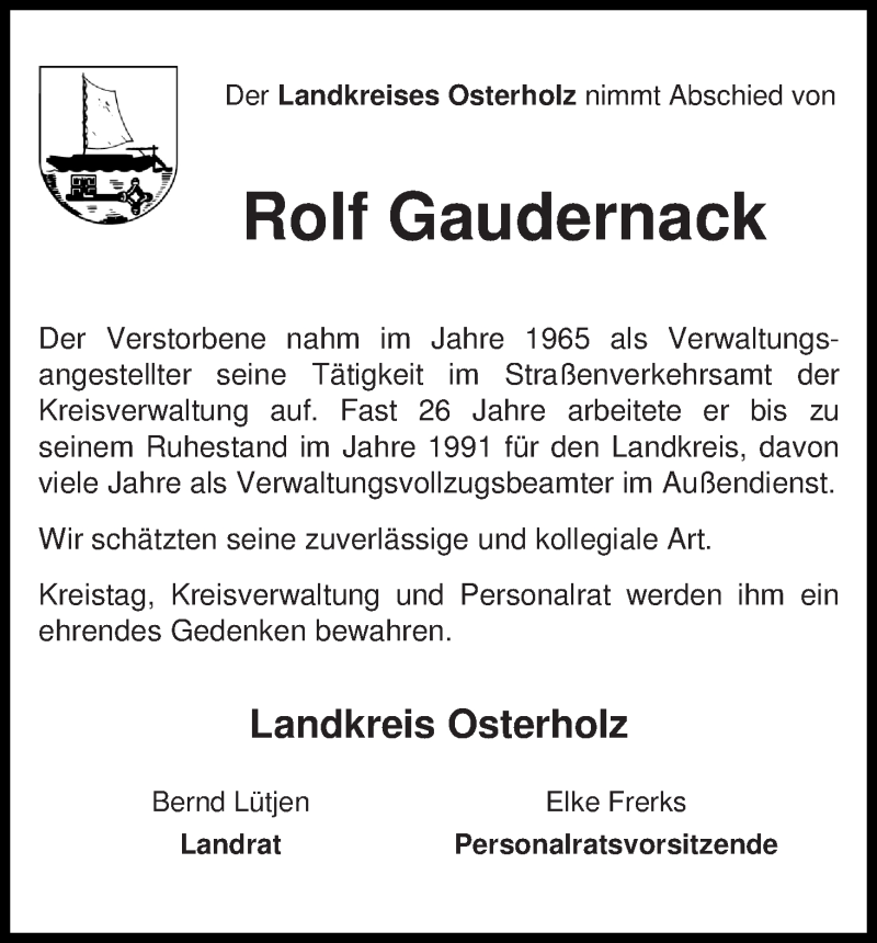 Traueranzeige von Rolf Gaudernack von Osterholzer Kreisblatt