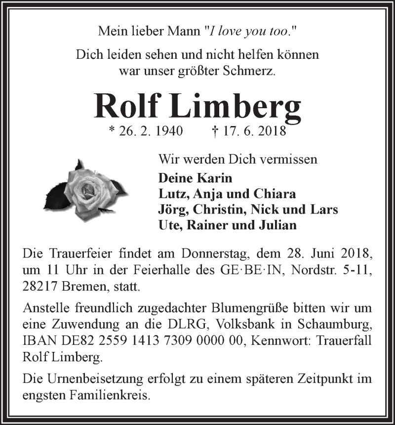 Traueranzeige von Rolf Limberg von WESER-KURIER