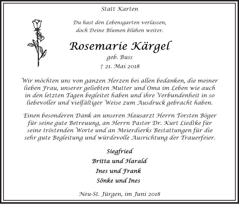 Traueranzeige von Rosemarie Kärgel von Wuemme Zeitung