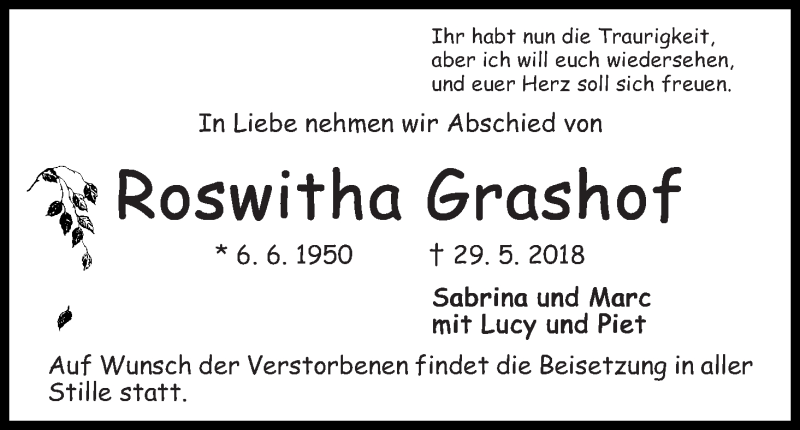 Traueranzeige von Roswitha Grashof von Achimer Kurier/Verdener Nachrichten