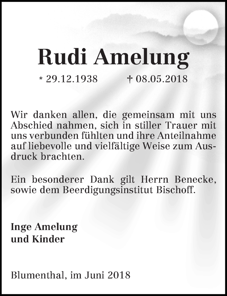 Traueranzeige von Rudi Amelung von Die Norddeutsche