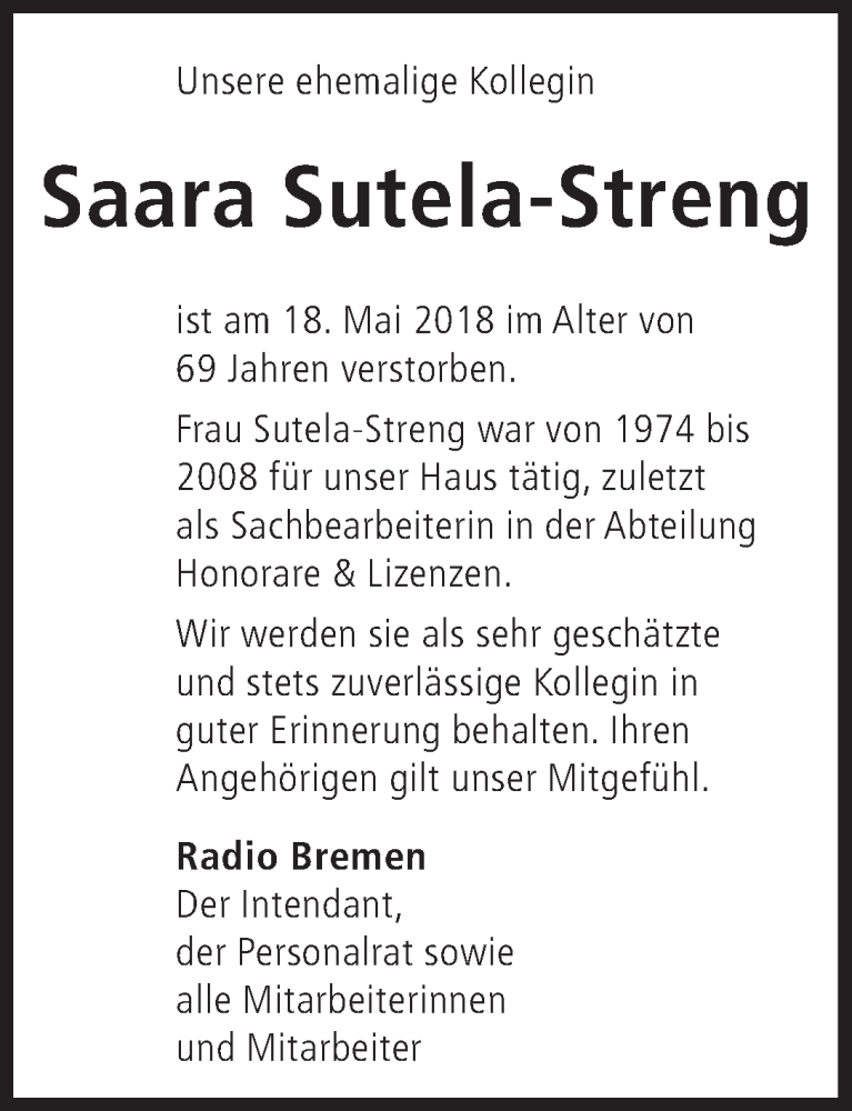 Traueranzeige von Saara Sutela-Streng von WESER-KURIER