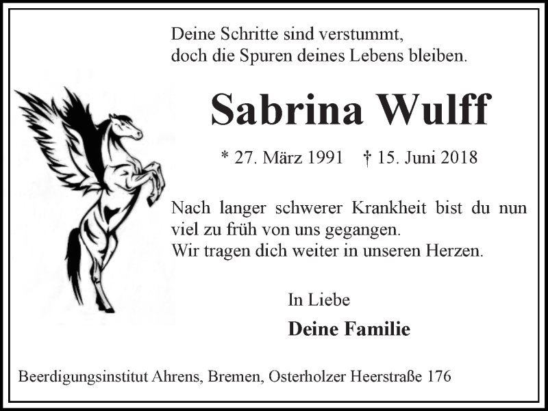 Traueranzeige von Sabrina Wulff von WESER-KURIER