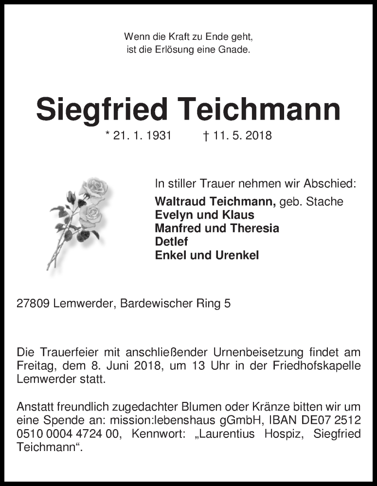 Traueranzeige von Siegfried Teichmann von Die Norddeutsche
