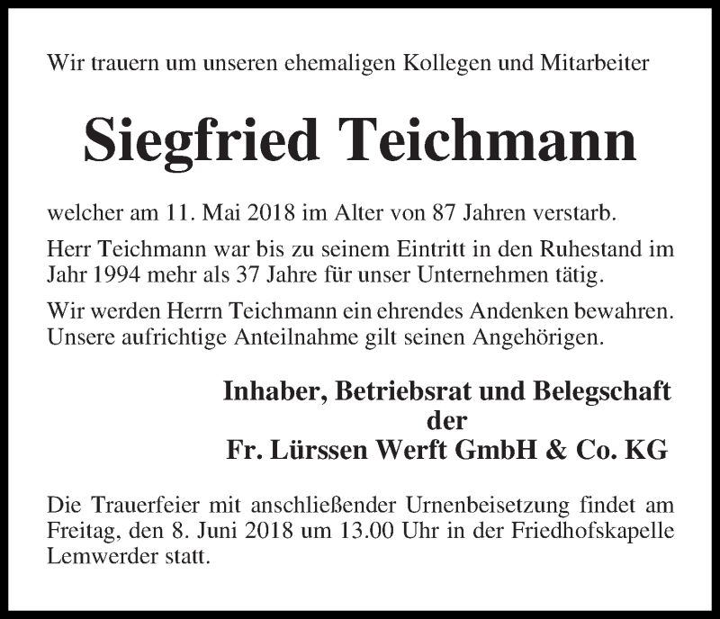 Traueranzeige von Siegfried Teichmann von Die Norddeutsche