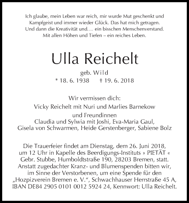Traueranzeige von Ulla Reichelt von WESER-KURIER