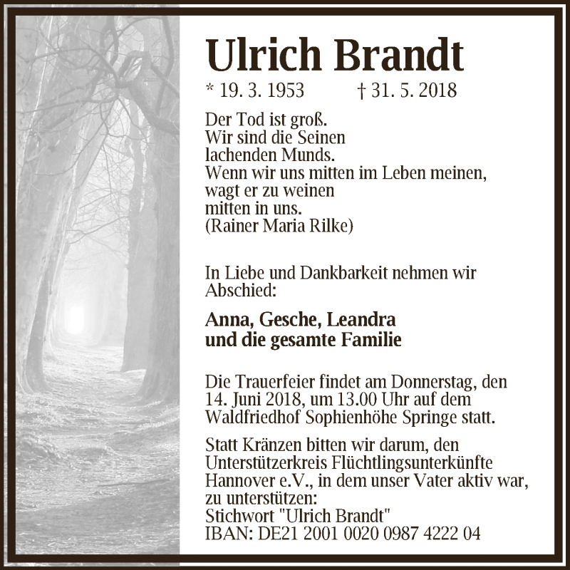Traueranzeige von Ulrich Brandt von Osterholzer Kreisblatt