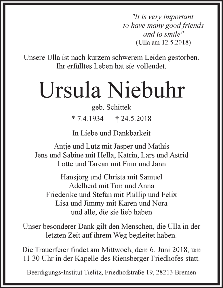 Traueranzeige von Ursula Niebuhr von WESER-KURIER