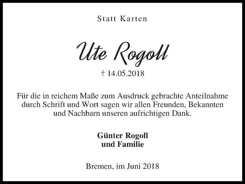 Traueranzeige von Ute Rogoll von Die Norddeutsche