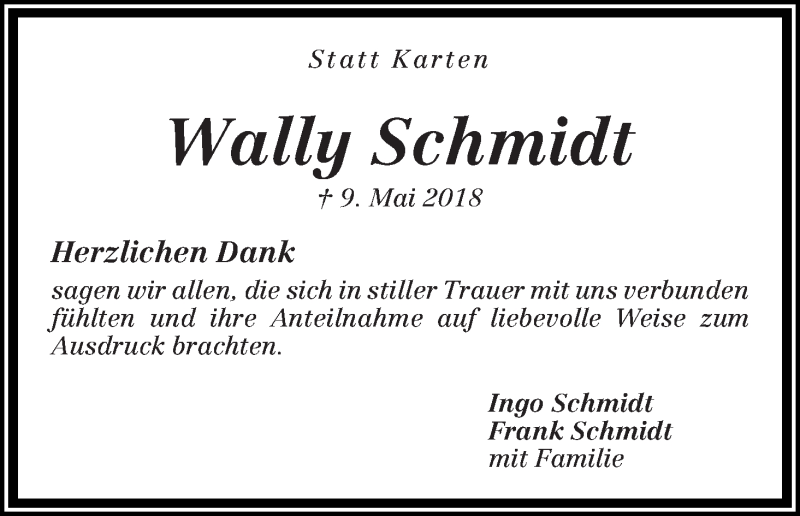 Traueranzeige von Wally Schmidt von Die Norddeutsche