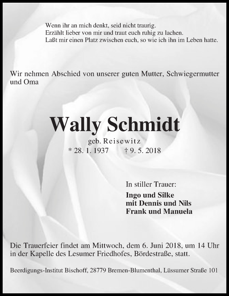 Traueranzeige von Wally Schmidt von Die Norddeutsche