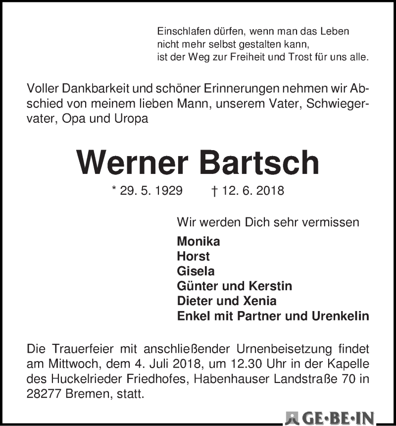 Traueranzeige von Werner Bartsch von WESER-KURIER