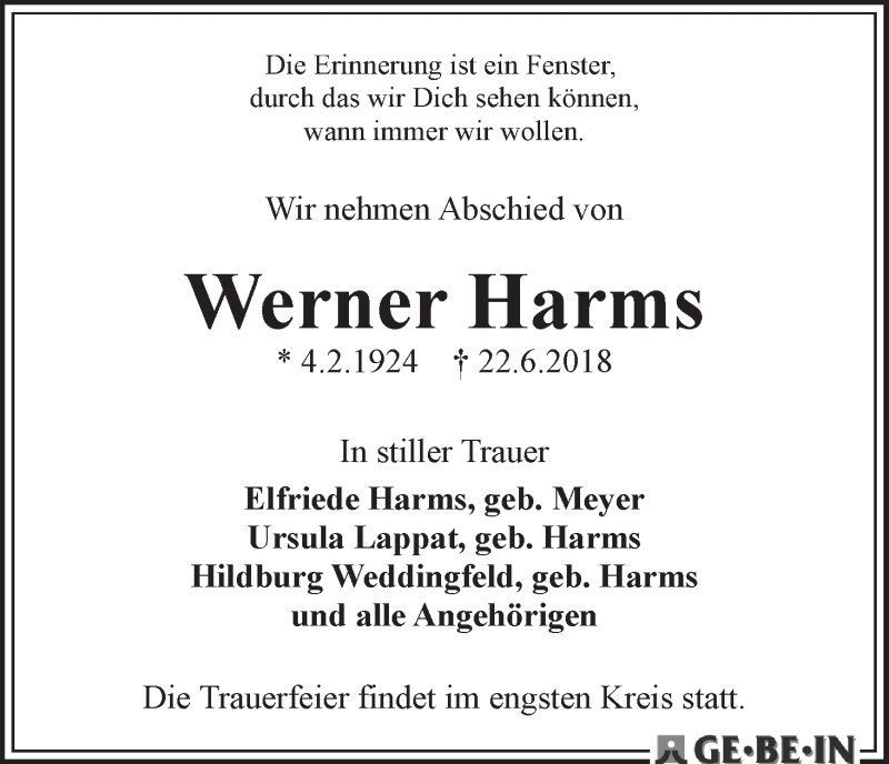 Traueranzeige von Werner Harms von WESER-KURIER