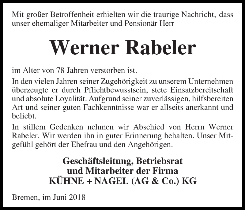 Traueranzeige von Werner Rabeler von WESER-KURIER