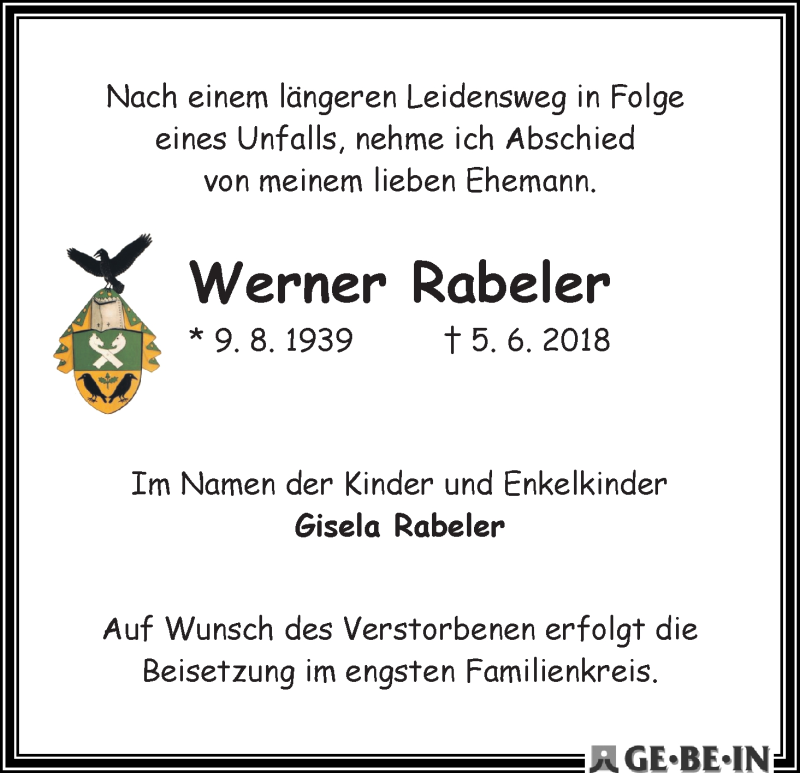 Traueranzeige von Werner Rabeler von WESER-KURIER