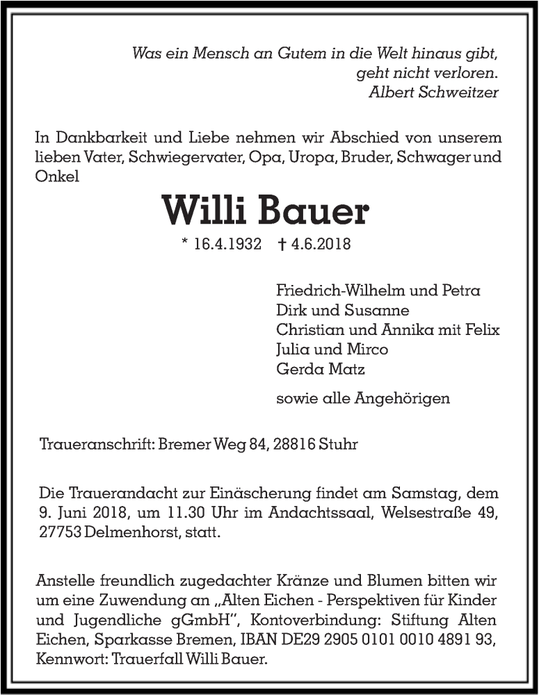 Traueranzeige von Willi Bauer von WESER-KURIER